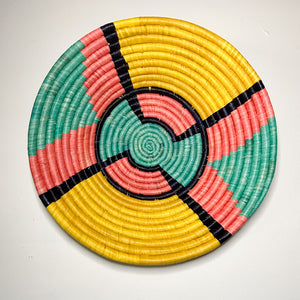 14" Yellow, Navy, Pink and Teal Handwoven Basket from Uganda