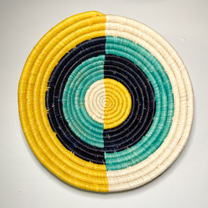 14" Yellow, Navy and Teal Handwoven Basket from Uganda
