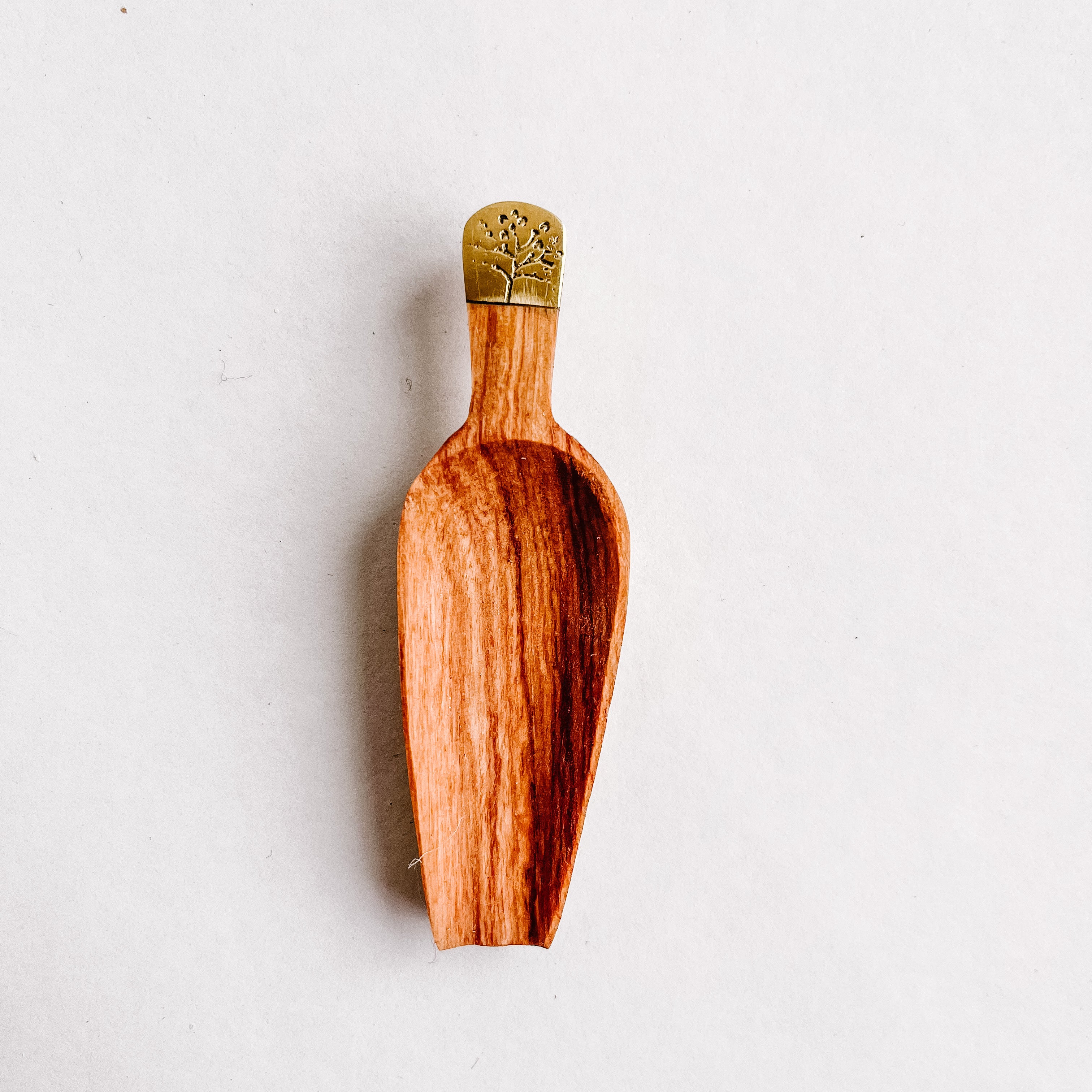 JustOne's four inch wooden scoop with a tree engraved recycled brass handle, handcrafted in Kenya