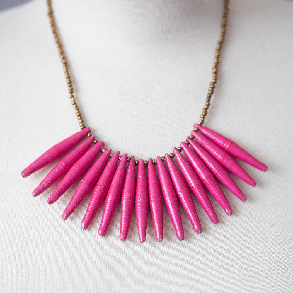 Pink Paper Bead Fringe Necklace - JustOne